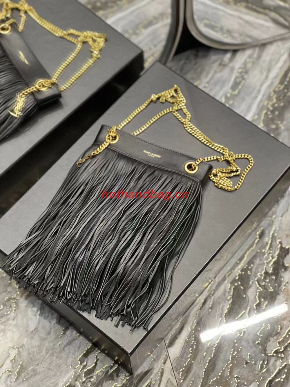 SAINT LAURENT SMALL CHAIN BAG IN SMOOTH LEATHER WITH FRINGES 683378 BLACK SAINT LAURENT SMALL CHAIN BAG IN SMOOTH LEATHER WITH FRINGES 683378 BLACK