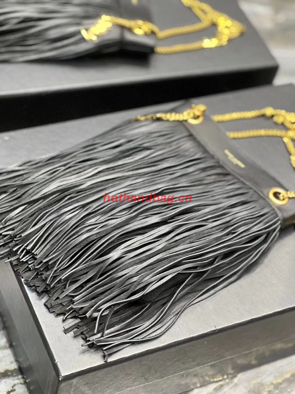 SAINT LAURENT SMALL CHAIN BAG IN SMOOTH LEATHER WITH FRINGES 683378 BLACK SAINT LAURENT SMALL CHAIN BAG IN SMOOTH LEATHER WITH FRINGES 683378 BLACK