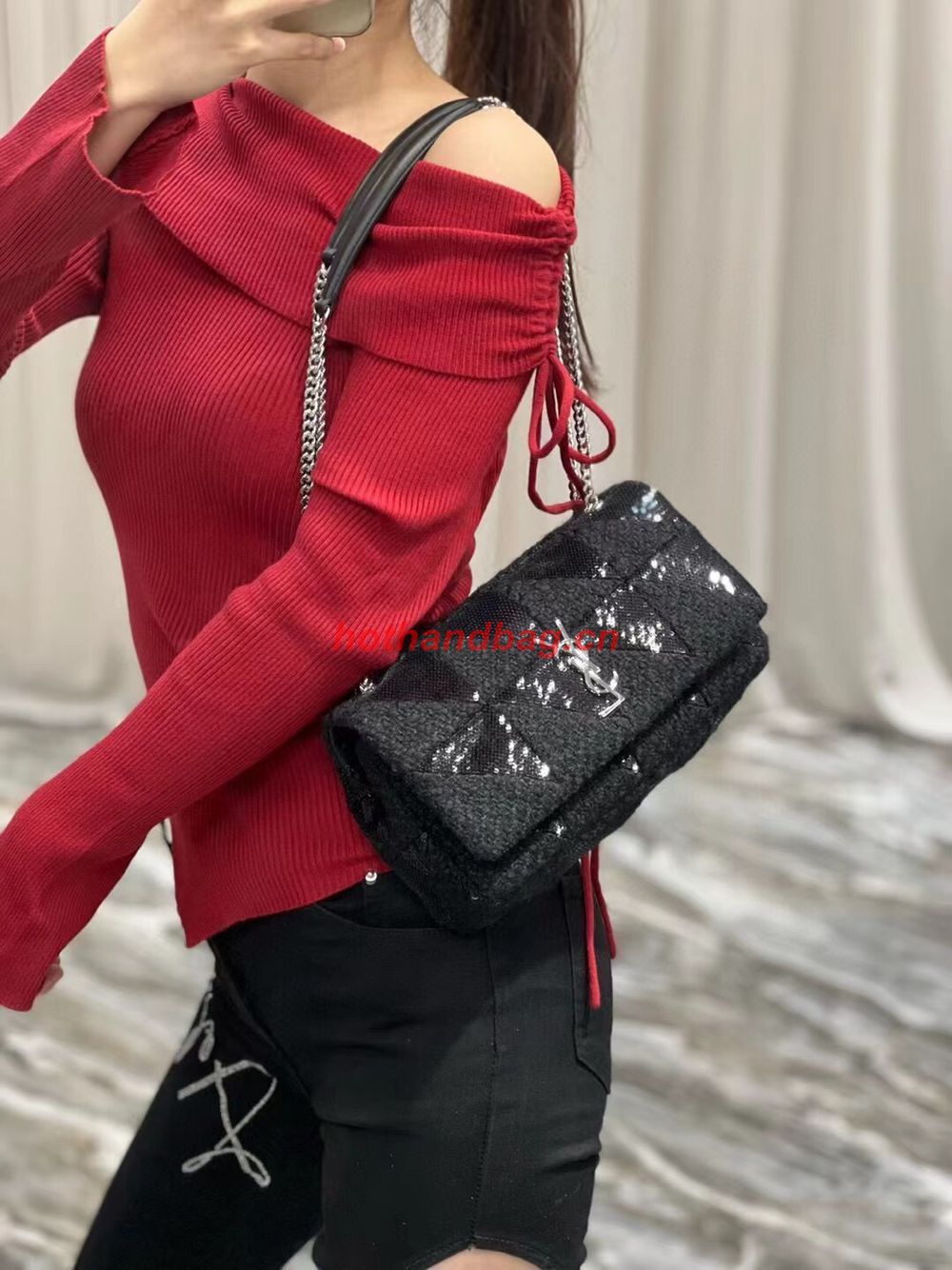 SAINT LAURENT JAMIE MEDIUM CHAIN BAG CARRE RIVE GAUCHE IN SEQUINS AND SEQUINED TWEED 515821 BLACK SAINT LAURENT JAMIE MEDIUM CHAIN BAG CARRE RIVE GAUCHE IN SEQUINS AND SEQUINED TWEED 515821 BLACK