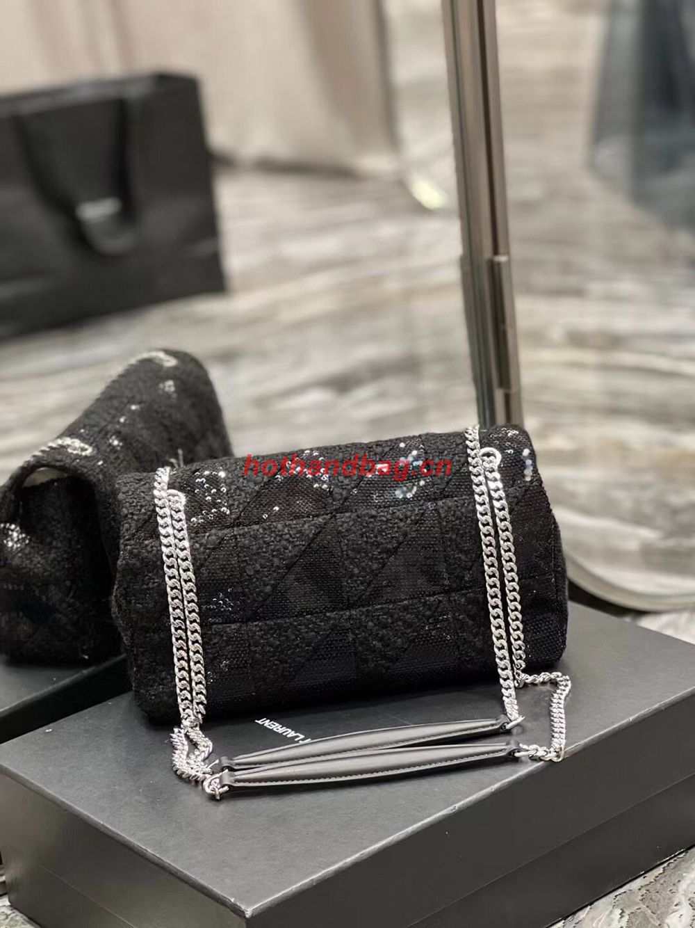 SAINT LAURENT JAMIE MEDIUM CHAIN BAG CARRE RIVE GAUCHE IN SEQUINS AND SEQUINED TWEED 515821 BLACK SAINT LAURENT JAMIE MEDIUM CHAIN BAG CARRE RIVE GAUCHE IN SEQUINS AND SEQUINED TWEED 515821 BLACK