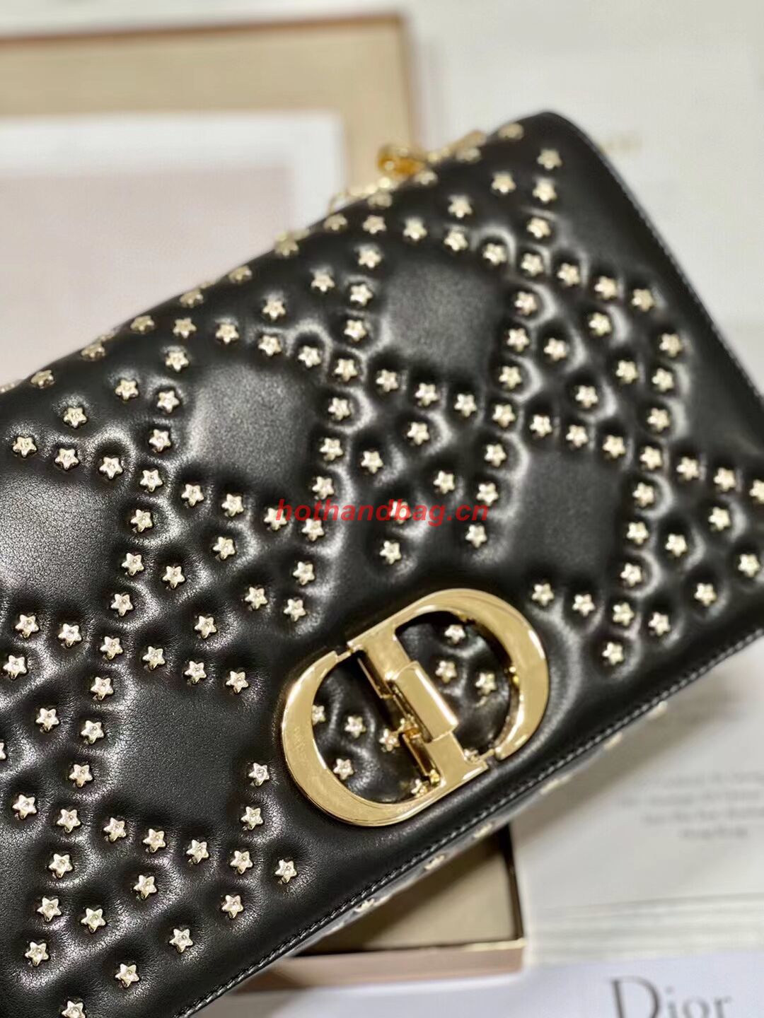 DIOR CARO MACROCANNAGE POUCH Macrocannage Calfskin with Star Motif C3136 black&gold DIOR CARO MACROCANNAGE POUCH Macrocannage Calfskin with Star Motif C3136 black&gold