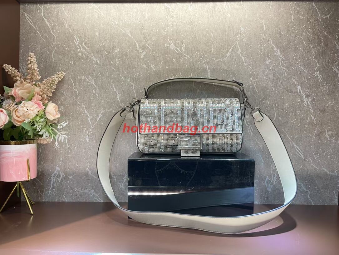 Fendi Baguette crystals and leather bag F0961 silvery Fendi Baguette crystals and leather bag F0961 silvery