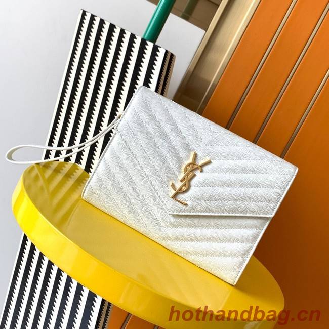 Yves Saint Laurent MONOGRAM CLUTCH IN QUILTED GRAIN DE POUDRE EMBOSSED LEATHER A617662 white