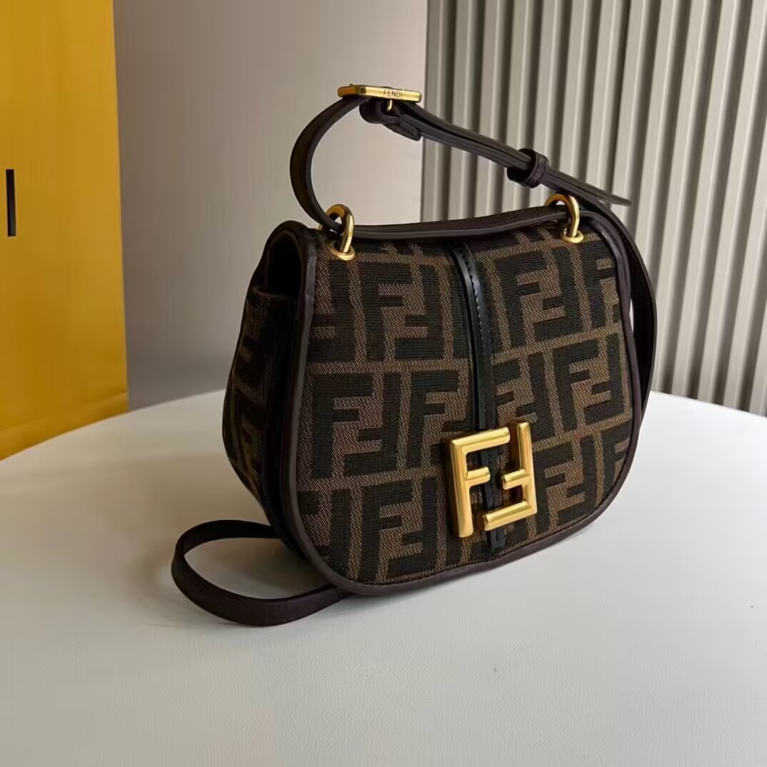Fendi Cmon Mini Brown FF jacquard fabric and leather bag 8BS082 Fendi Cmon Mini Brown FF jacquard fabric and leather bag 8BS082