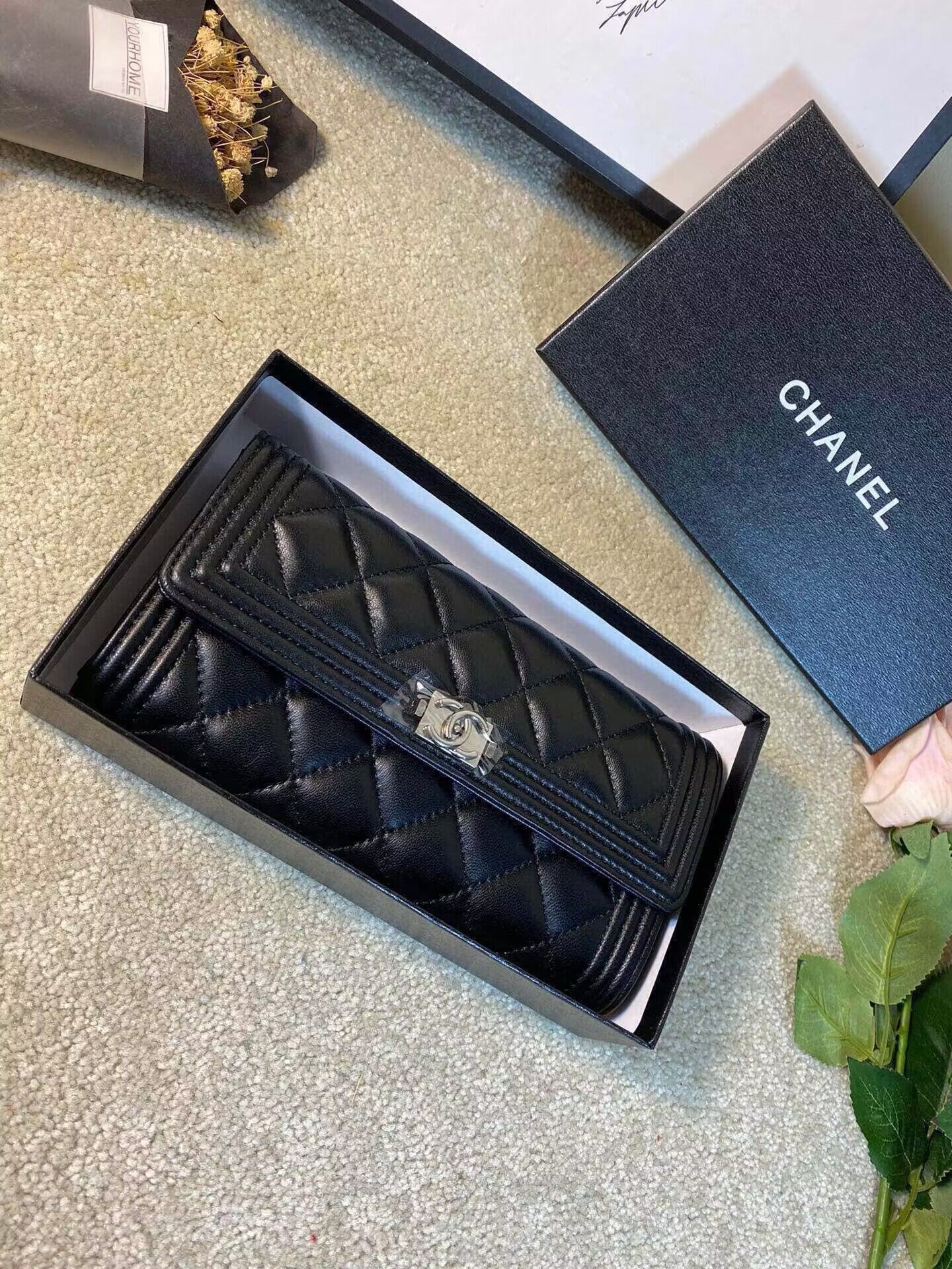 Chanel Boy Matelasse Long Wallet Black Sheepskin CHA5263 Silver