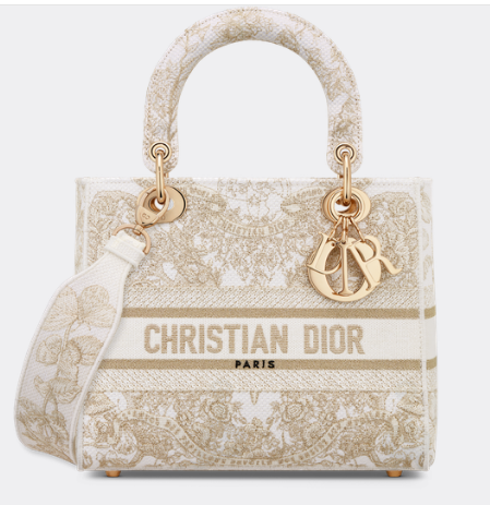 MEDIUM DIOR LADY D-LITE BAG Gold-Tone and White Butterfly Around The World Embroidery M0565OE