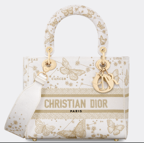 MEDIUM Dior LADY D-LITE BAG Gold-Tone and White Butterfly Zodiac Embroidery M0565OE