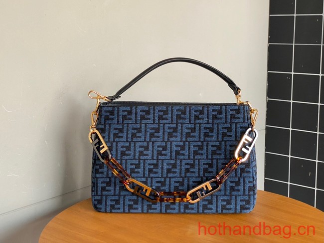 Fendi O Lock Zipper Brown FF jacquard fabric and leather bag F1068 blue