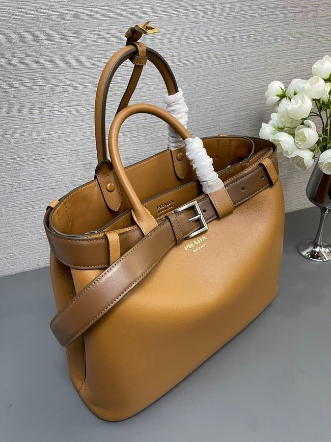 Prada Buckle large leather handbag with belt 1BA416 Caramel 