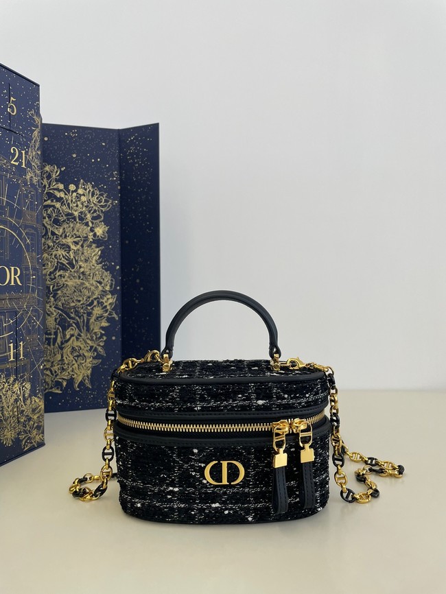 Dior Caro Mini Vanity Case Black Cannage Tweed  S5198U