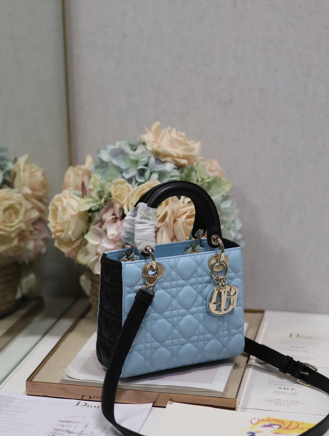 Small Lady Dior Bag Two-Tone Sky Blue and Steel Gray Cannage Lambskin M0531ON