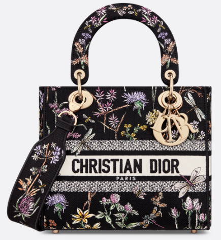 Medium Lady D-Lite Bag Black Multicolor Dior Herbarium Embroidery M0565OE