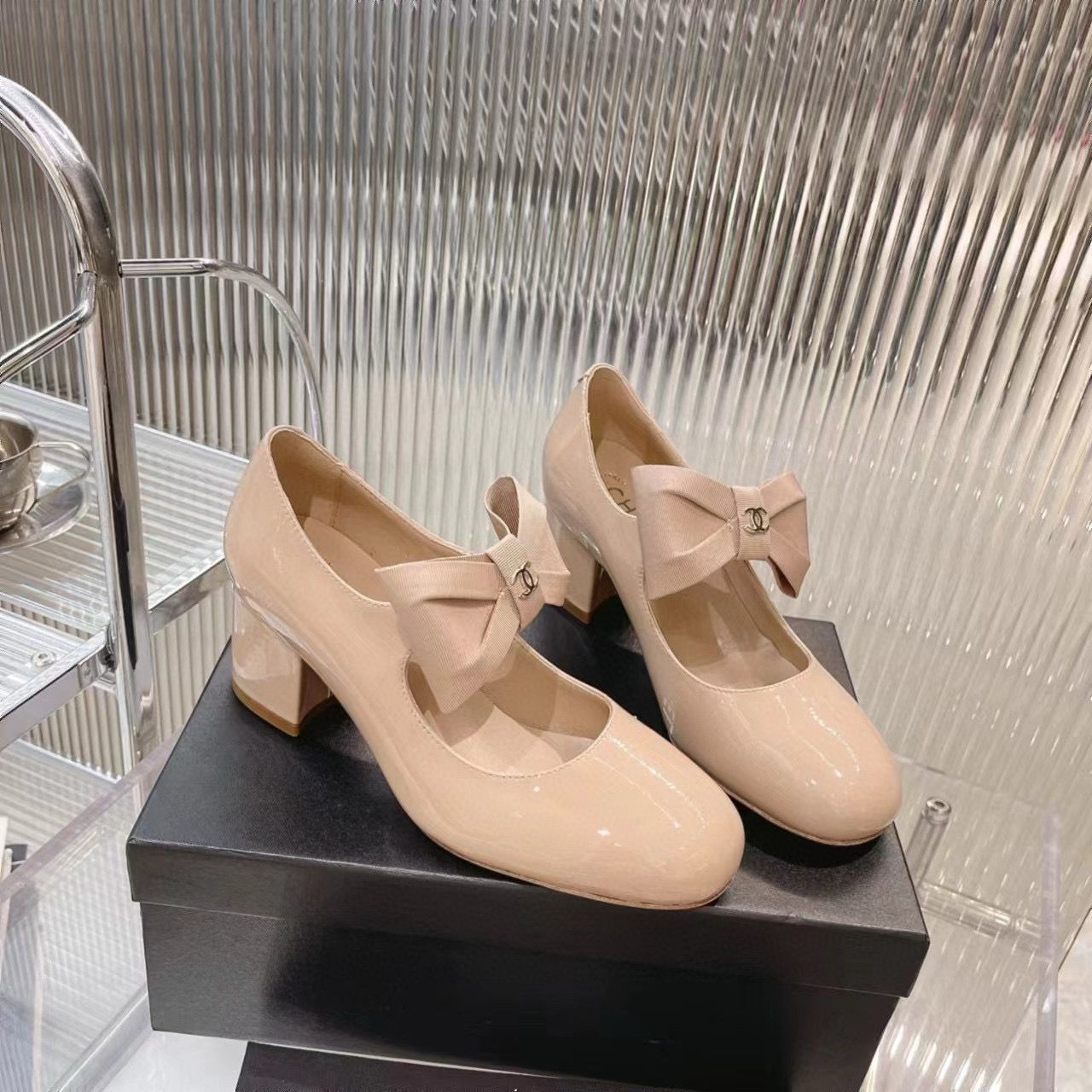 Chanel 24C Bow Mary Jane Shoes Original Patent Calf Leather 55MM Heels C85923 Nude