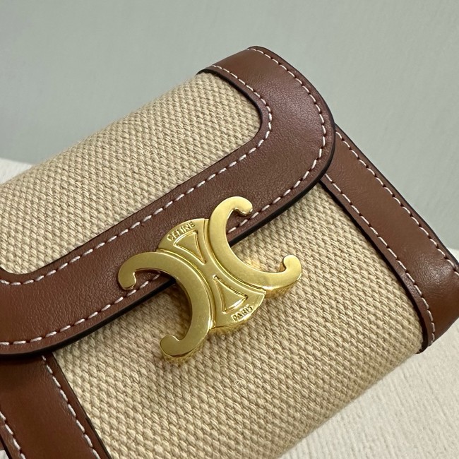 Celine SMALL FLAP WALLET TRIOMPHE IN TEXTILE AND CALFSKIN 10D783 NATURAL & TAN