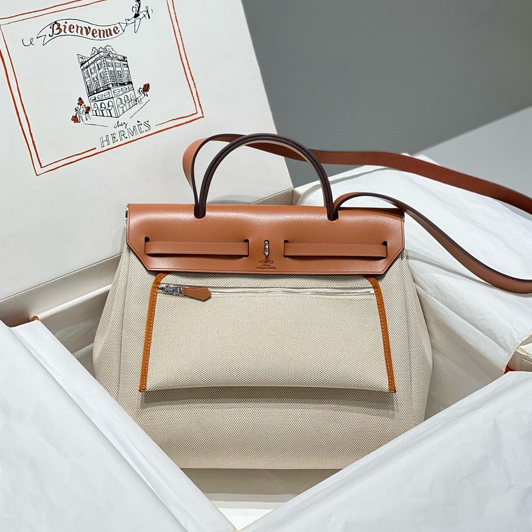 Hermes Herbag 31CM Original Canvas Print Leather & Calfskin 48887 Cream&Brown Hermes Herbag 31CM Original Canvas Print Leather & Calfskin 48887 Cream&Brown