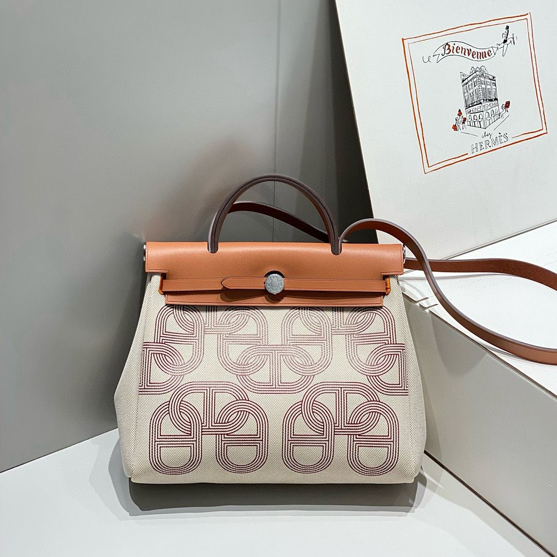 Hermes Herbag 31CM Original Canvas Print Leather & Calfskin 48887 Cream&Brown Hermes Herbag 31CM Original Canvas Print Leather & Calfskin 48887 Cream&Brown
