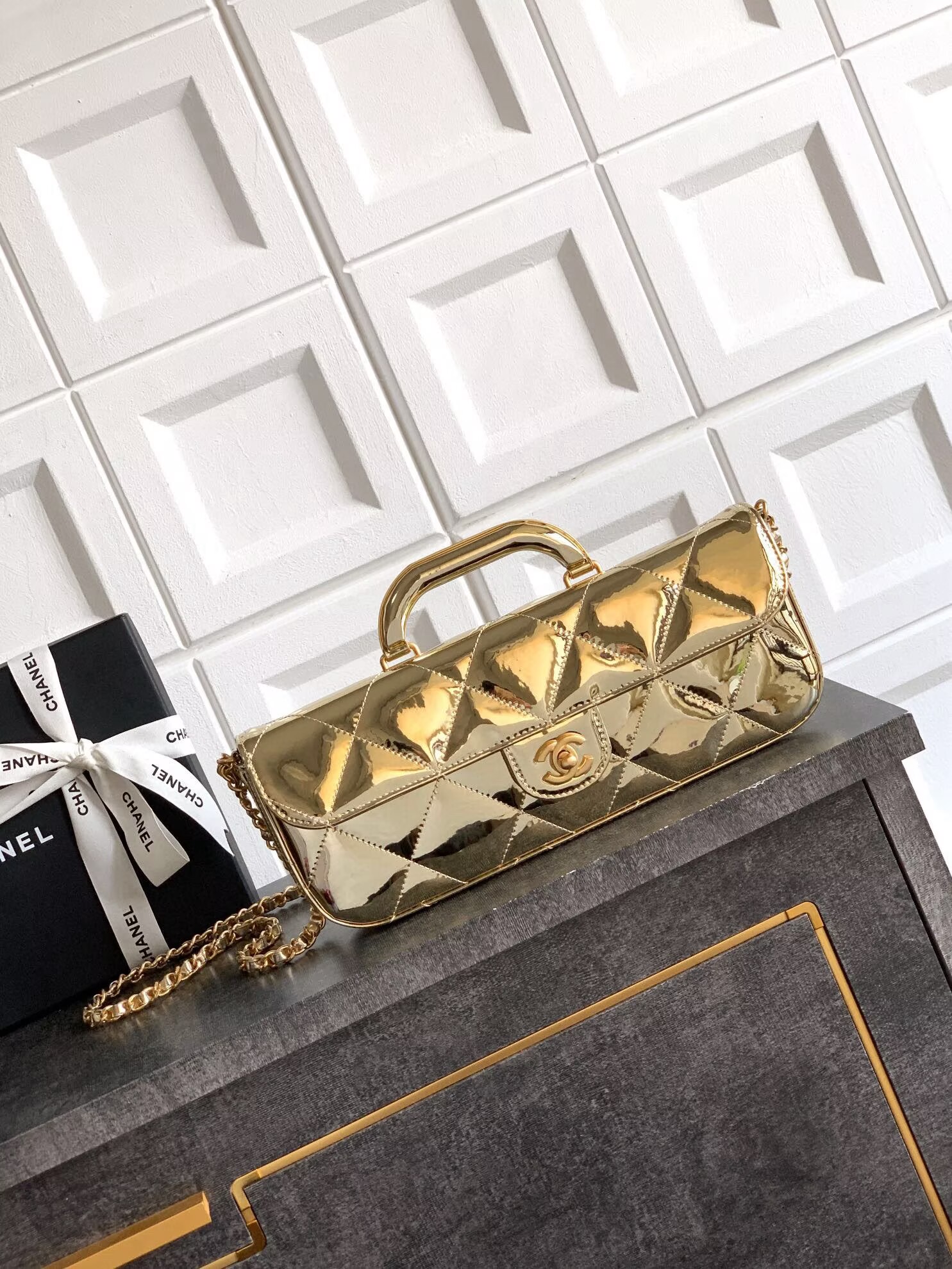 Chanel 25K Original Patent Leather Top Handle Bag A6321 Gold