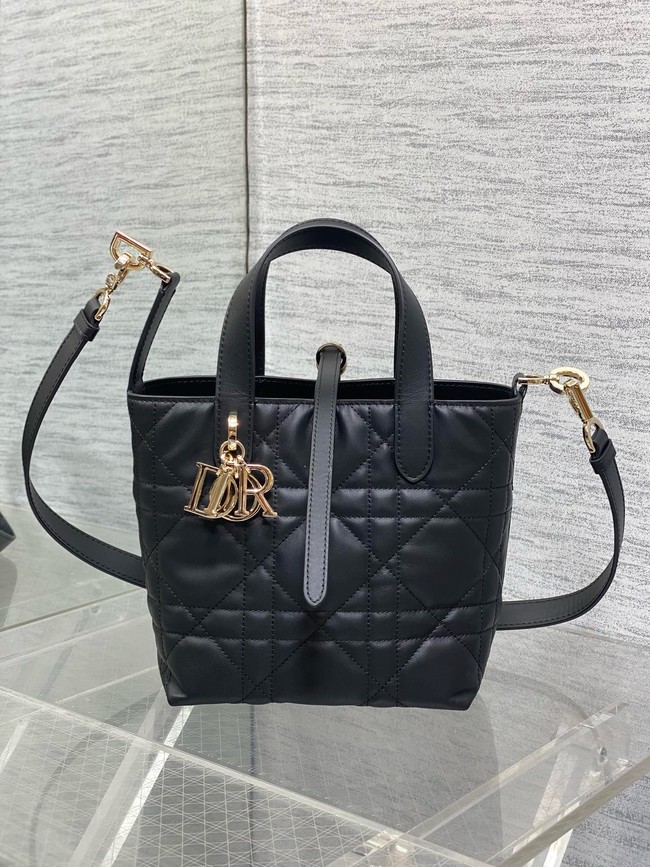Small Dior Toujours Vertical Tote Bag Macrocannage Crinkled Calfskin M2835 black &gold