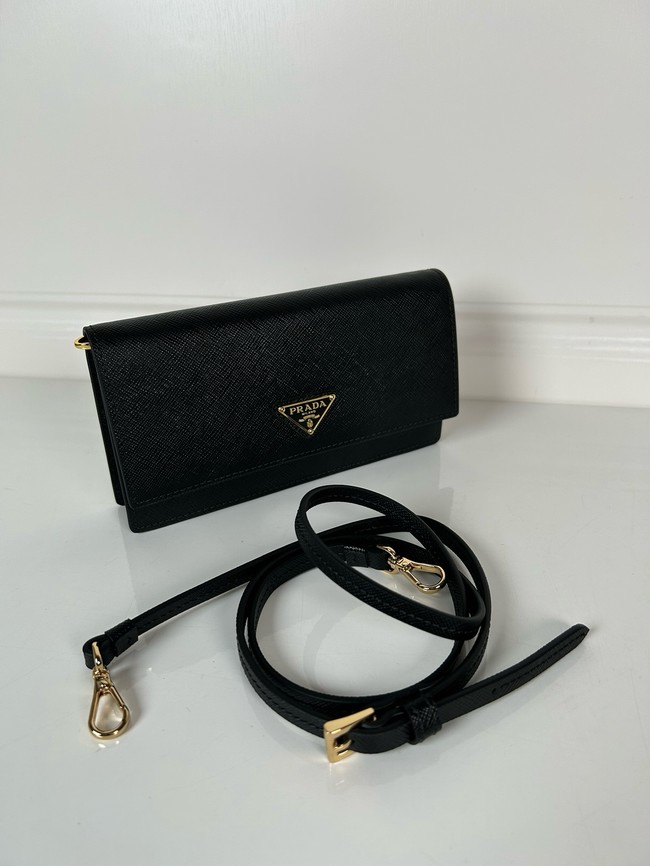 Prada Leather wallet with shoulder strap 1MF059 black