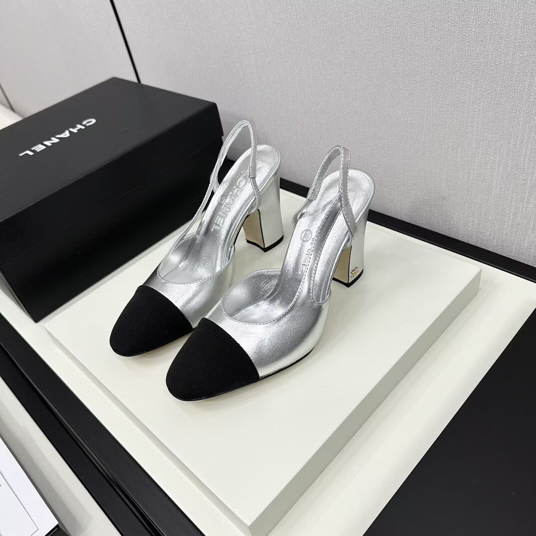 Chanel Sandals Calfskin Shoes 9CM Heels 63012 Silver