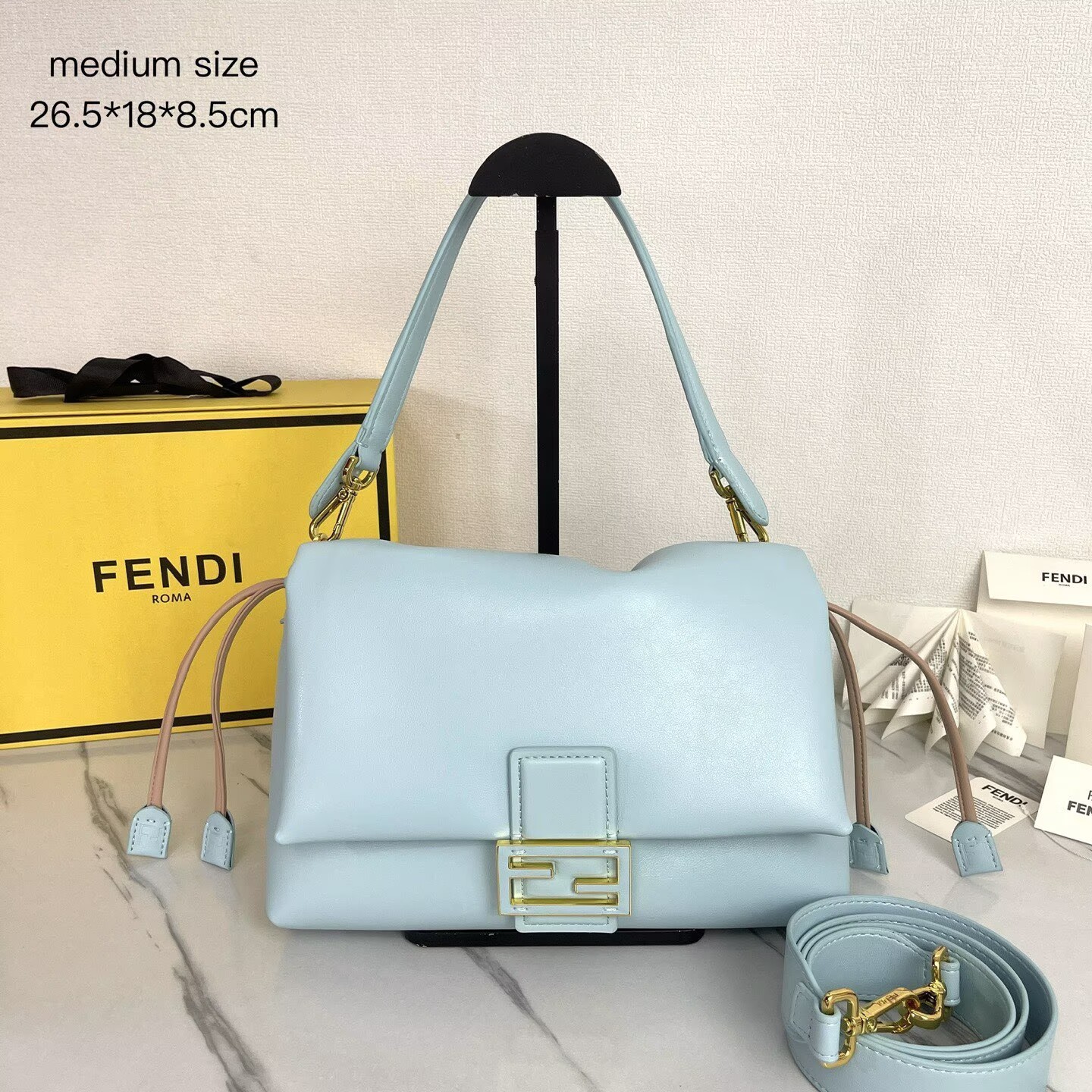 FENDI 2025 Mamma Baguette Original Leather Medium Bag FF8851 Light Blue