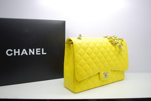 Chanel Maxi Double Flaps Bag A36098 Lemon Original Caviar Leather Silver Chanel Maxi Double Flaps Bag A36098 Lemon Original Caviar Leather Silver