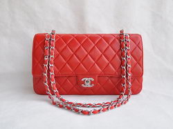 Chanel Classic 2.55 Series Red Lambskin Silver Chain Quilted Flap Bag 1113 Chanel Classic 2.55 Series Red Lambskin Silver Chain Quilted Flap Bag 1113
